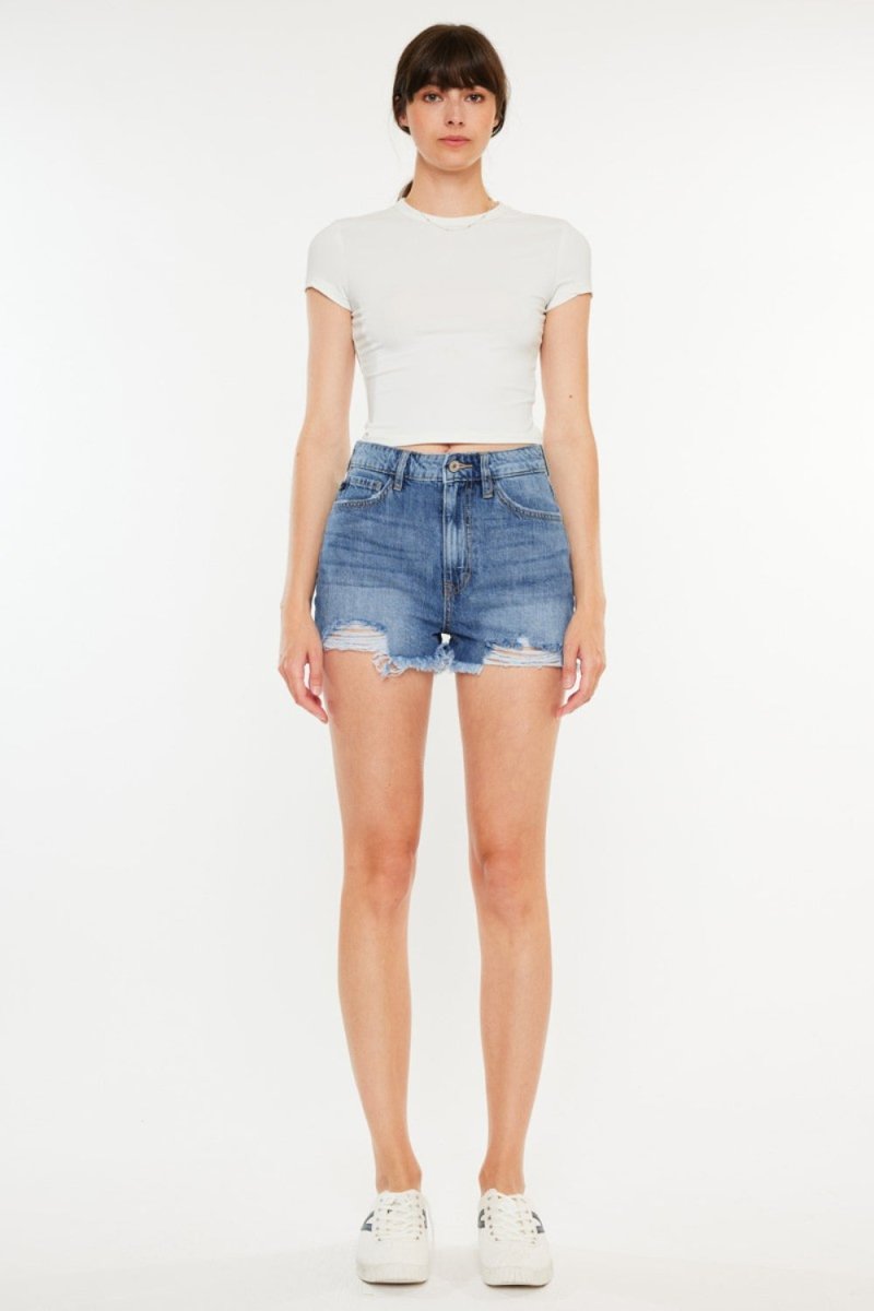 Kancan Distressed Raw Hem High Waist Denim Shorts - Bottoms
